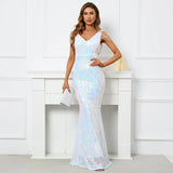 Women Whiite Sequin V Neck Beading Party Maxi Dress Sexy Evening Dress Long Prom Dress