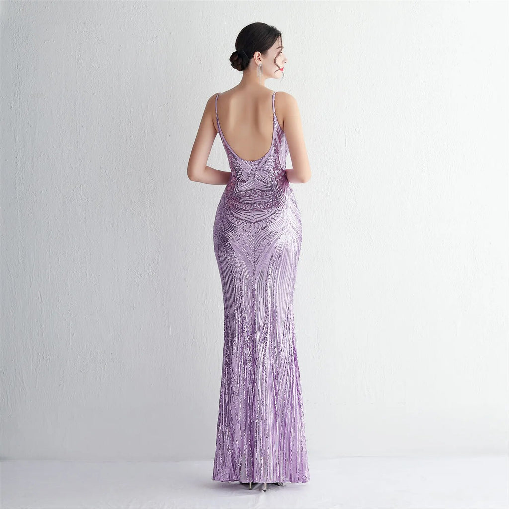 Women Strap Party Maxi Dress Light Green Sexy V Neck Evening Dress Sequin Long Prom Dress