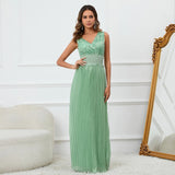 Ruched Lace Chiffon Formal Evening Dress Elegant V Neck Beading Party Gown