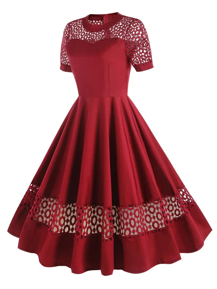 2024 Retro Vintage 50s Short Cocktail Dress Patchwork Lace Hollowed Out Elegant Office Pinup Robe Ladies Rockabilly Long Dresses