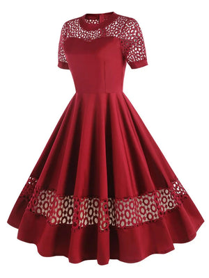 2024 Retro Vintage 50s Short Cocktail Dress Patchwork Lace Hollowed Out Elegant Office Pinup Robe Ladies Rockabilly Long Dresses