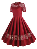 2024 Retro Vintage 50s Short Cocktail Dress Patchwork Lace Hollowed Out Elegant Office Pinup Robe Ladies Rockabilly Long Dresses