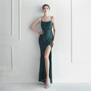 Backless Sexy Slit Long Sequin Evening Luxury Beading Stretch Sleeveless Cocktail Party Prom Dress