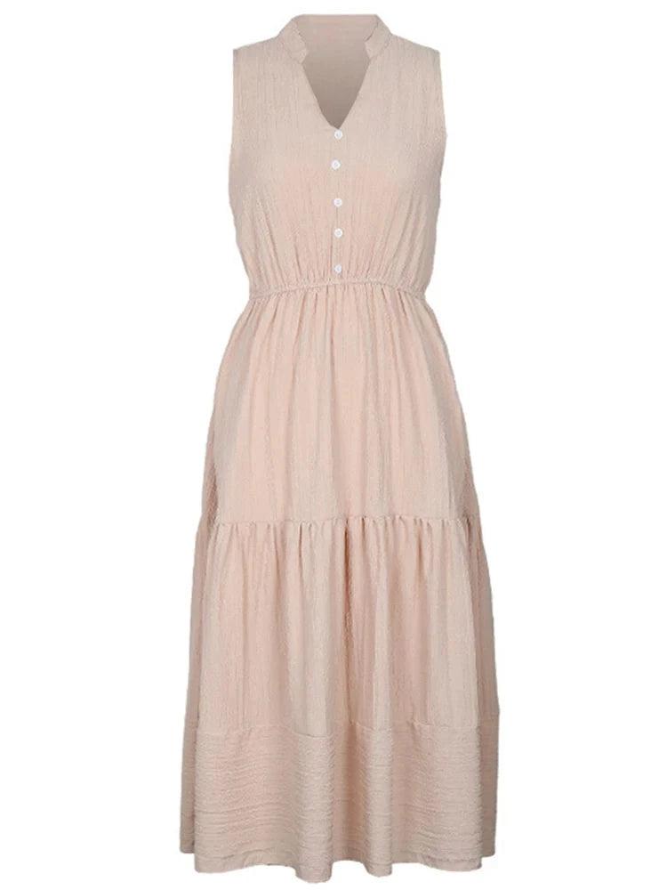 2024 Summer Solid Vintage Casual A Line Flare Women's Dress Elegant Sleevless V Neck Comfortable Loose Midi Long Dresses