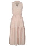 2024 Summer Solid Vintage Casual A Line Flare Women's Dress Elegant Sleevless V Neck Comfortable Loose Midi Long Dresses