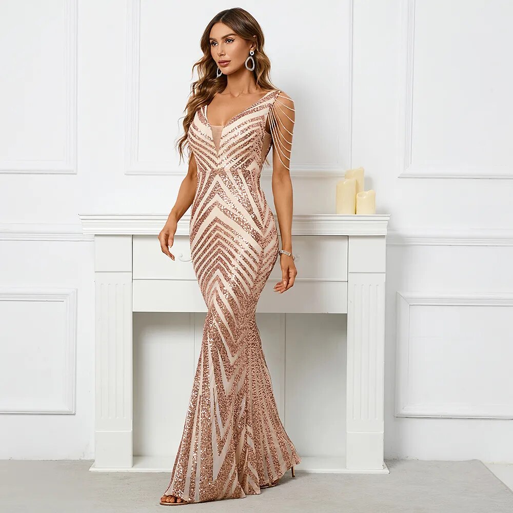 Women Beading Long Prom Dress Deep V Neck Gold Sequin Evening Dress Sexy Party Maxi Dress