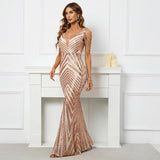 Women Beading Long Prom Dress Deep V Neck Gold Sequin Evening Dress Sexy Party Maxi Dress