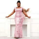 Plus Size Square Neck Pink Sequin Evening Dress Sexy Party Maxi Dress Women Beading Dress Long Prom Dress