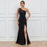 One Shoulder Slash Neck Beading Party Maxi Dress Women Sexy Slit Long Prom Dress Evening Dress