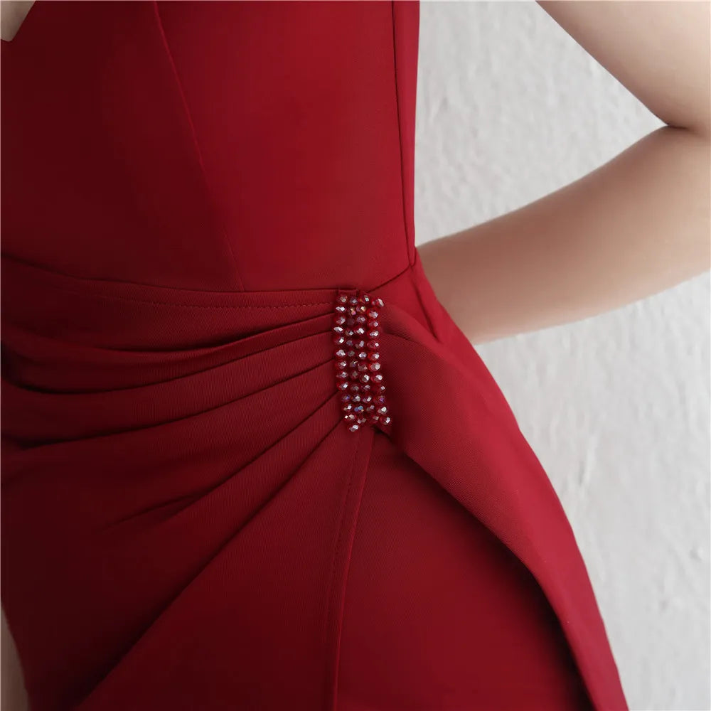 Soft Satin Burgundy Pleat Beading Evening Sleeveless Sexy Slit Party Maxi Long Prom Dress