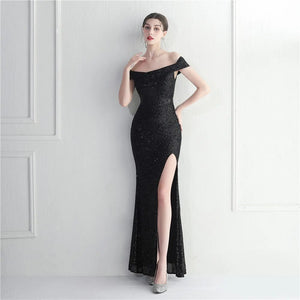 Slash Neck Sexy Slit Long Black Sequin Evening Dresses Luxury Sleeveless Cocktail Party Prom Dress