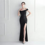 Slash Neck Sexy Slit Long Black Sequin Evening Dresses Luxury Sleeveless Cocktail Party Prom Dress