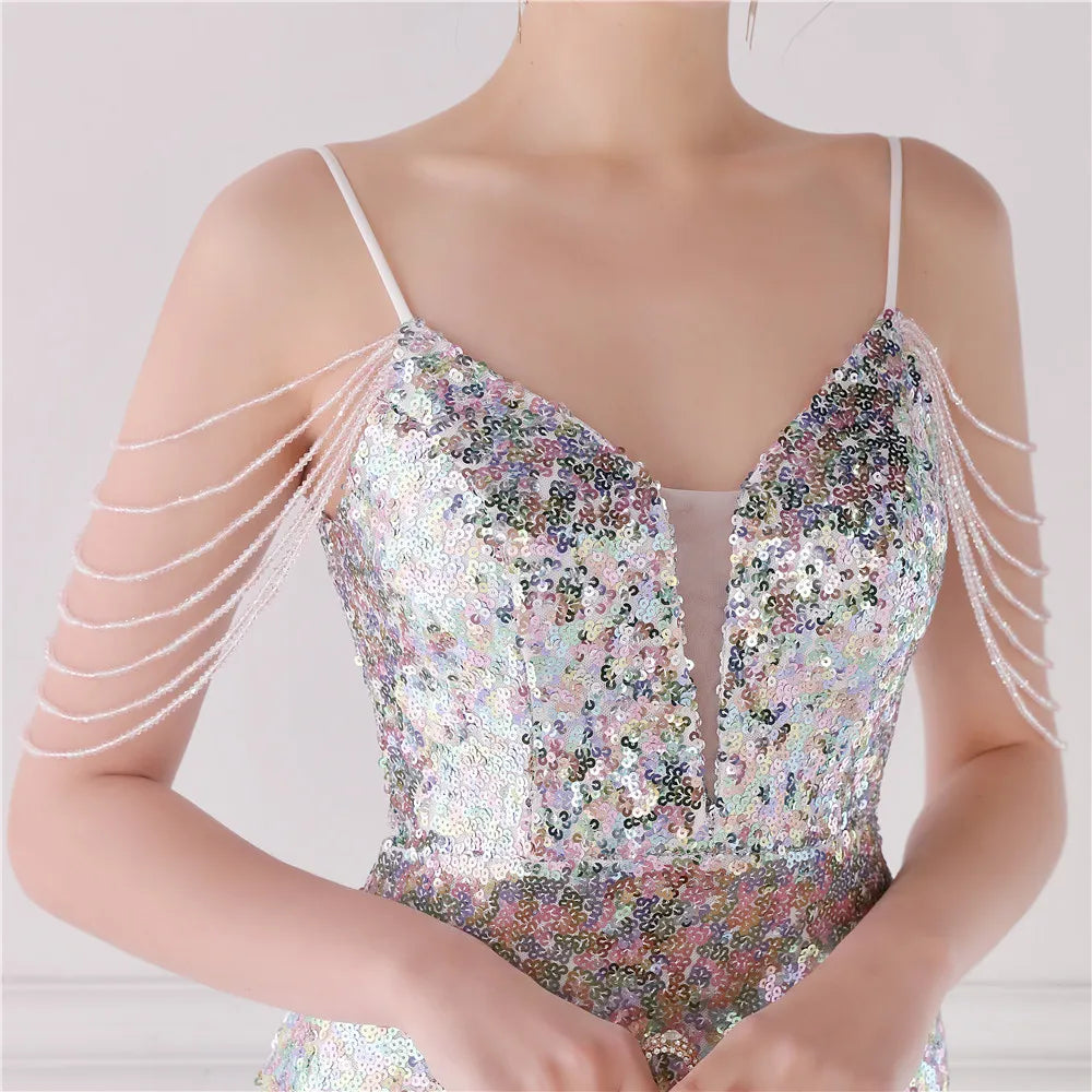 Sexy Strap Beading Sequin Party Bodycon Dress Women Evening Prom Dress