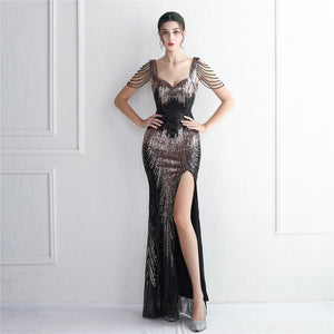 Sexy Slit Black Gold Sequin Evening Dress Sleeveless Beading Formal Party Maxi Dress Long Prom Dress