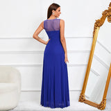 Women Blue Tulle Dress O Neck Beading Evening Dress Elegant Party Maxi Dress