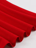 Vintage Retro Women Red Solid Dress Party Evening Elegant V-Neck Button Front Short Sleeve Summer Belted Swing Dress