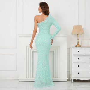 Slash Neck Long Sequin Women One Shoulder Light Blue Party Maxi Dress Sexy Evening Dress