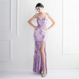 Women Sexy Slit Party Maxi Dress Strap V Neck Feather Evening Black Sequin Long Prom Dress