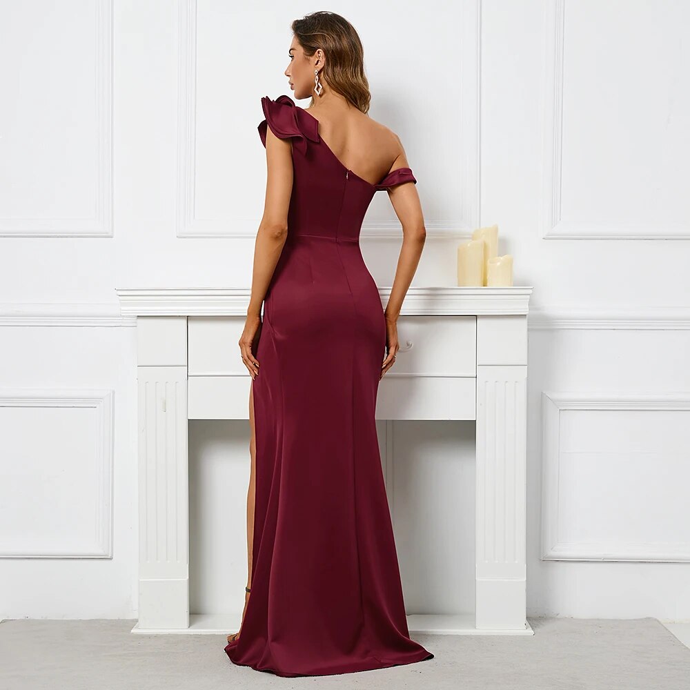 Women Slash Neck Burgundy Evening Dress Ruffles Celebrity Maxi Dress Sexy Slit Long Party Dress