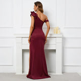 Women Slash Neck Burgundy Evening Dress Ruffles Celebrity Maxi Dress Sexy Slit Long Party Dress