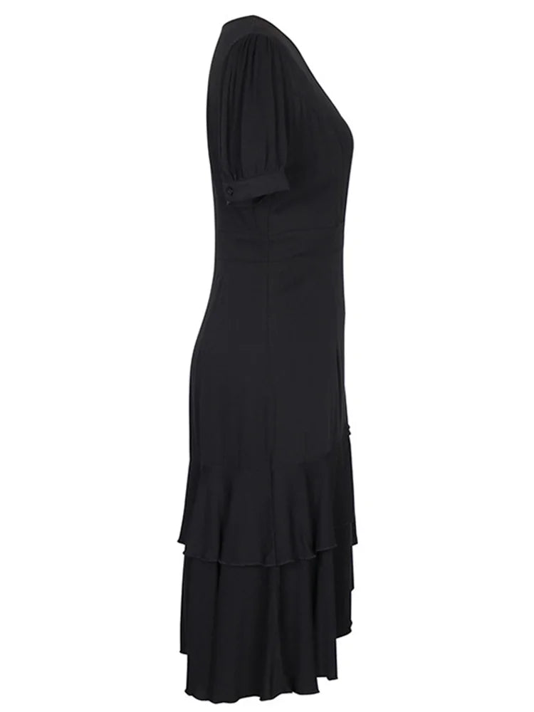 2024 High Low Solid Vintage Pencil Dress Irregular Hem Ruffle Hem Elegant Summer Short Sleeve Bandage Sheath Dresses