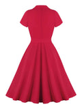 Suit Collar Short Midi Runway Summer Dress Vintage Red 50s A Line Flare Tea Evening Dress with Belt High Waist OL Office Dress