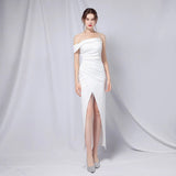 Women Soft Satin Slash Neck Evening Dress Sexy Green Slit Party Maxi Dress Prom Dress