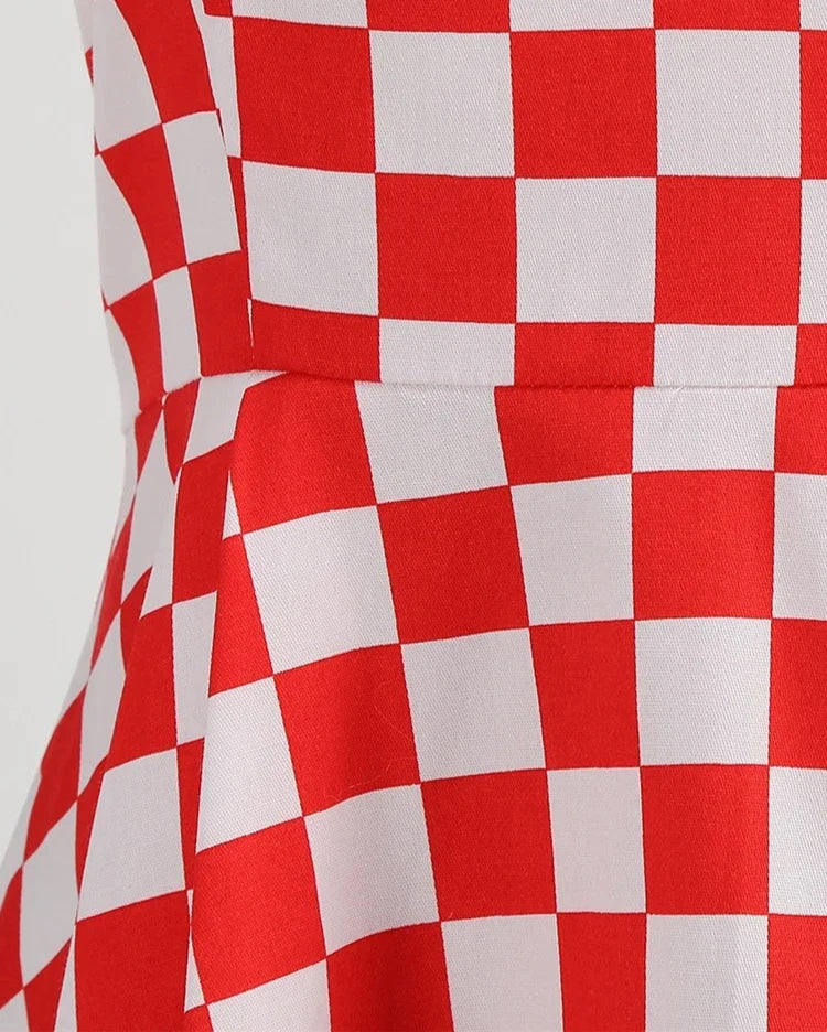 2024 Vintage Plaid Print Vintage Short Summer Casual Dress for Women Elegant V Neck A Line Swing Rockabilly Cocktail Party Dress