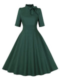 Stand Collar Bow Tie Half Sleeve Green Summer Dresses Evening Elegant Women Formal Occasion A-Line Vintage Long Dress