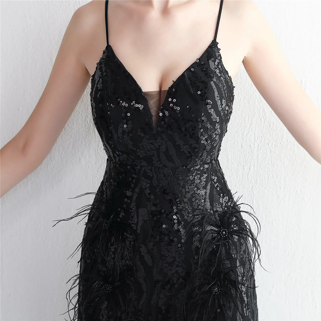 Women Sexy Slit Party Maxi Dress Strap V Neck Feather Evening Dress Green Sequin Long Prom Dress