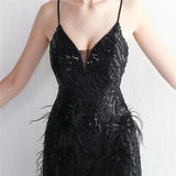 Women Sexy Slit Party Maxi Dress Strap V Neck Feather Evening Dress Green Sequin Long Prom Dress