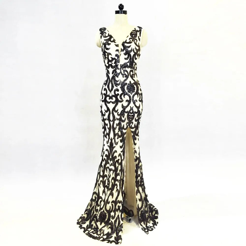 Women Gold Sequin Party Maxi Dress Sexy V Neck Slit Evening Dress Long Prom Dress