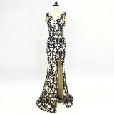 Women Gold Sequin Party Maxi Dress Sexy V Neck Slit Evening Dress Long Prom Dress
