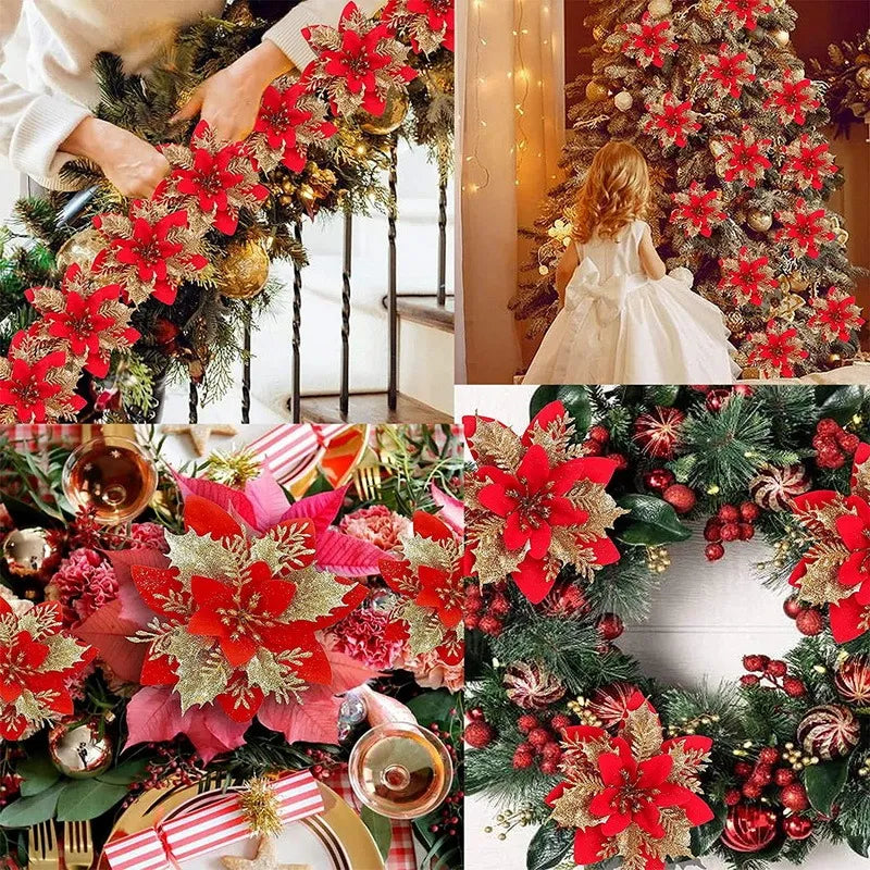 5pcs Christmas Flowers Glitter Artificial Poinsettia Floral Xmas Tree Ornaments DIY Garlands Home Wedding Party Decorations Gift