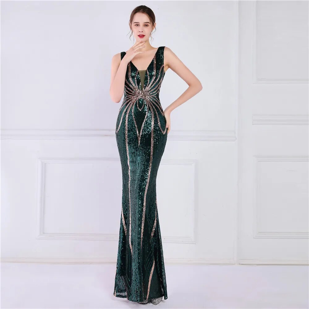 Women Deep V Neck Gold Sequin Dress Long Prom Evening Dress Sexy Party Maxi Dress