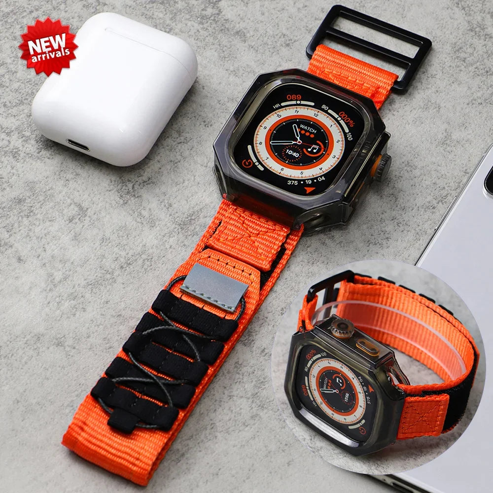 Nylon Sports Strap+Case for Apple Watch Band Ultra 49mm Tactical Woven Loop with Ultra PC Protective Case for iwatch Ultra2 49mm