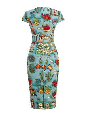 50s Vintage Multicolor Print Summer OL Midi Pencil Dress Women Elegant Clothes Pinup Robe High Waist Retro Dresses