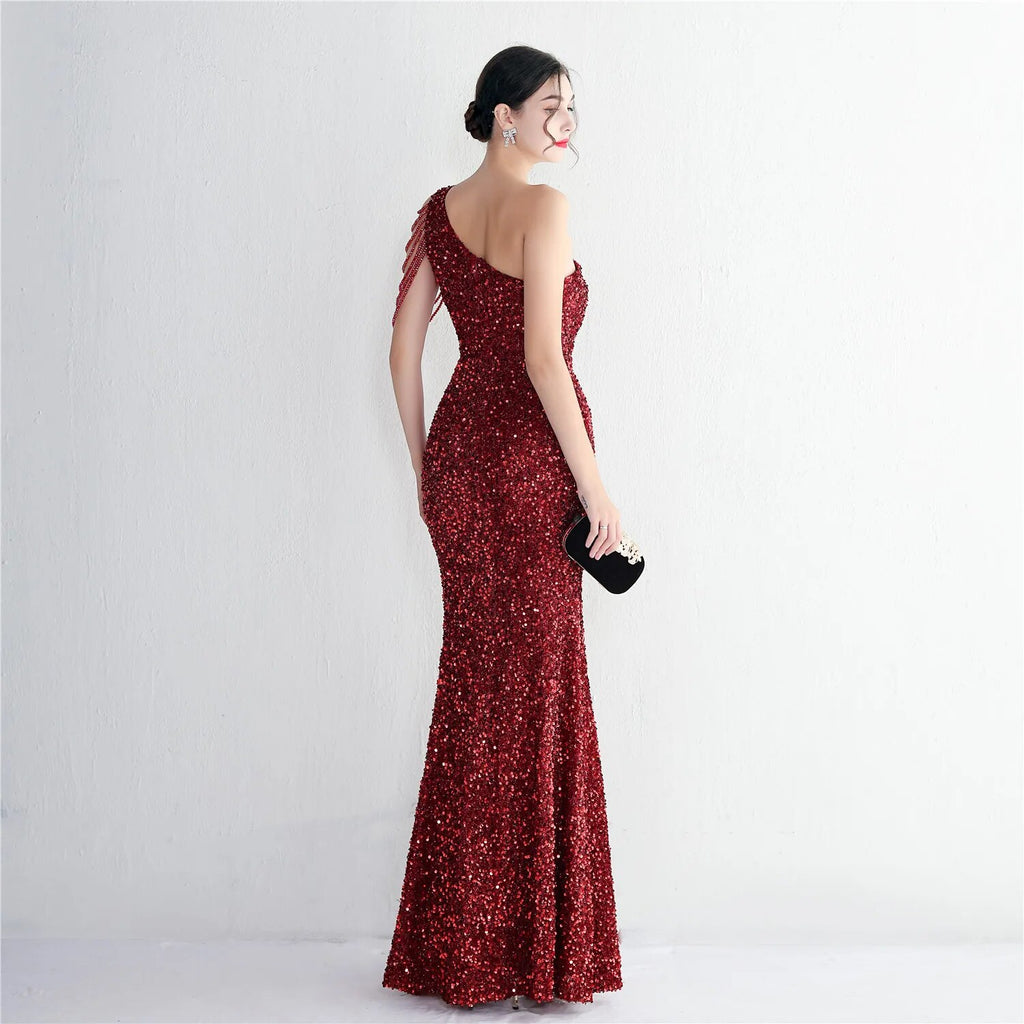 Sexy Slit Black Sequin Women One Shoulder Beading Long Evening Dress Party Maxi Dress