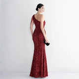 Sexy Slit Black Sequin Women One Shoulder Beading Long Evening Dress Party Maxi Dress