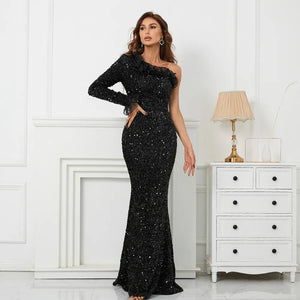 Slash Neck Long Black Sequin Women One Shoulder Party Maxi Sexy Evening Dress