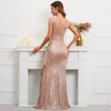 Women Gold Sequin V Neck Party Maxi Dress Sexy Slit Evening Dress Long Prom Dress