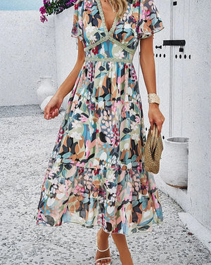 2024 Spring Summer Casual Holiday Floral Print Vintage Dress for Women Short Sleeve V Neck Midi Long Runway Flare Dresses