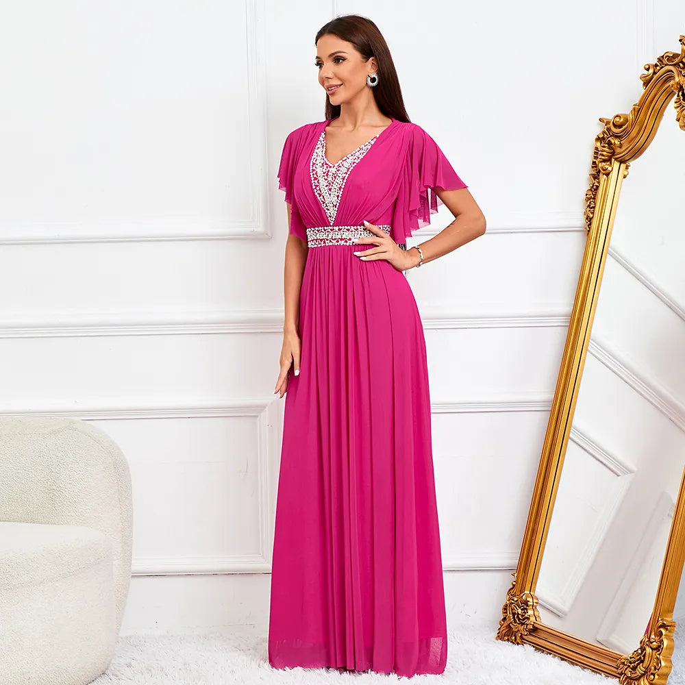 Women Tulle Long Prom Dress V Neck Beading Evening Elegant Party Maxi Dress