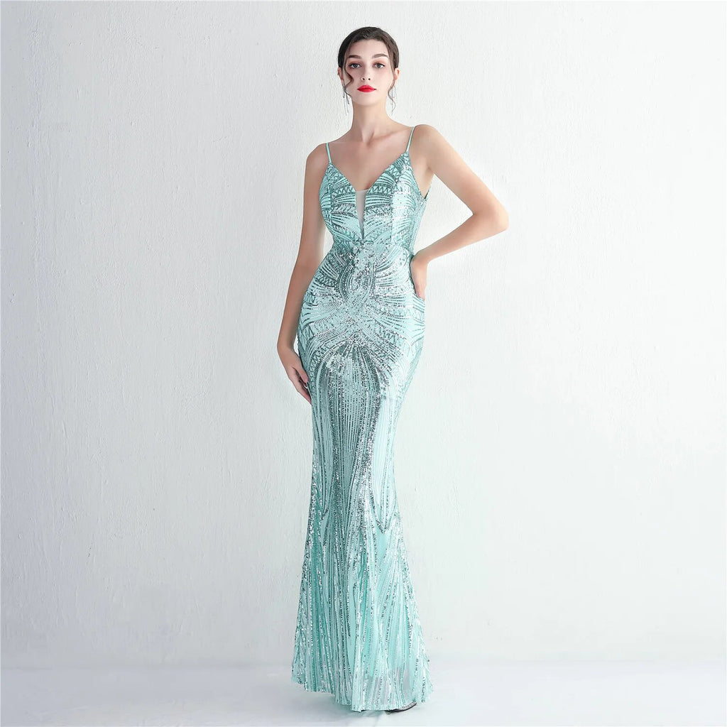 Women Strap Party Maxi Dress Light Green Sexy V Neck Evening Dress Sequin Long Prom Dress
