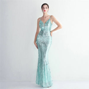 Women Strap Party Maxi Dress Light Green Sexy V Neck Evening Dress Sequin Long Prom Dress