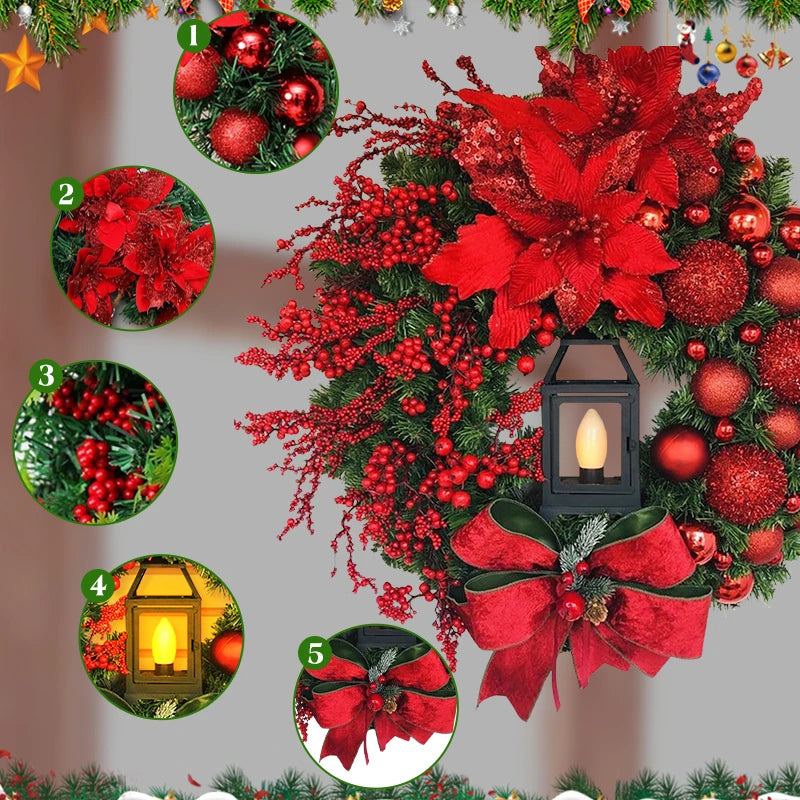2024 Christmas Wreath With Flower Lamp Bow and Ball Festive Door Decoration Window Fireplace Wreath For Household Party Ornament