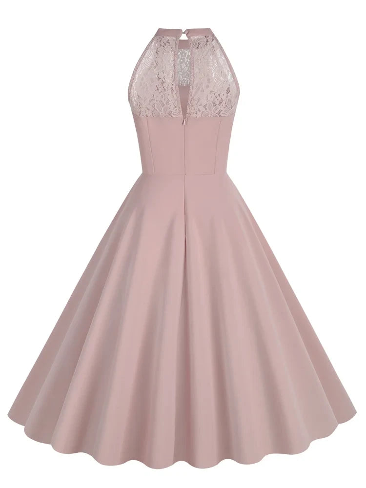 Halter Neck Contrast Lace Fit and Flare Swing Dresses Sleeveless Women Birthday Evening Party Vintage Dress