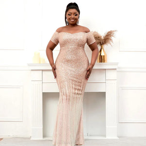 Plus Size Women Elegant Boat Neck Party Maxi Dress Off Shoulder Gold Sequin Evening Long Prom Dress