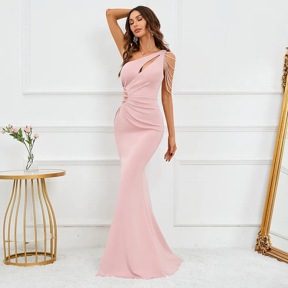 Sexy Slit Women One Shoulder Soft Satin Pleat Beading Long Evening Party Maxi Dress