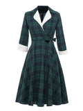 Notched Collar Green Plaid Vintage High Waist Dress Autumn Winter Women 3/4 Length Sleeve 1950S Rockabilly Midi Dresses